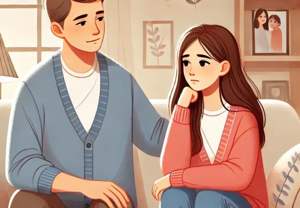 heartfelt depicting a teenage daughter and her parent sitting together in a cozy living room