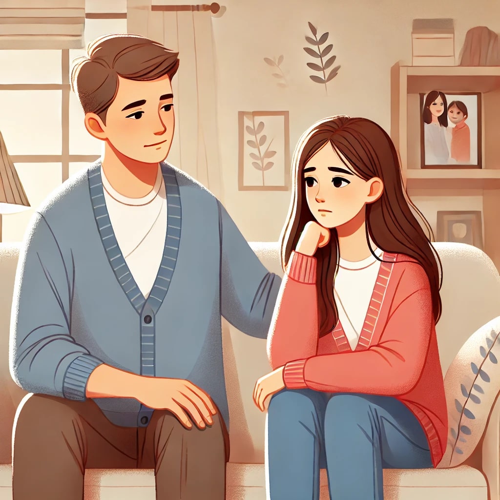 heartfelt depicting a teenage daughter and her parent sitting together in a cozy living room